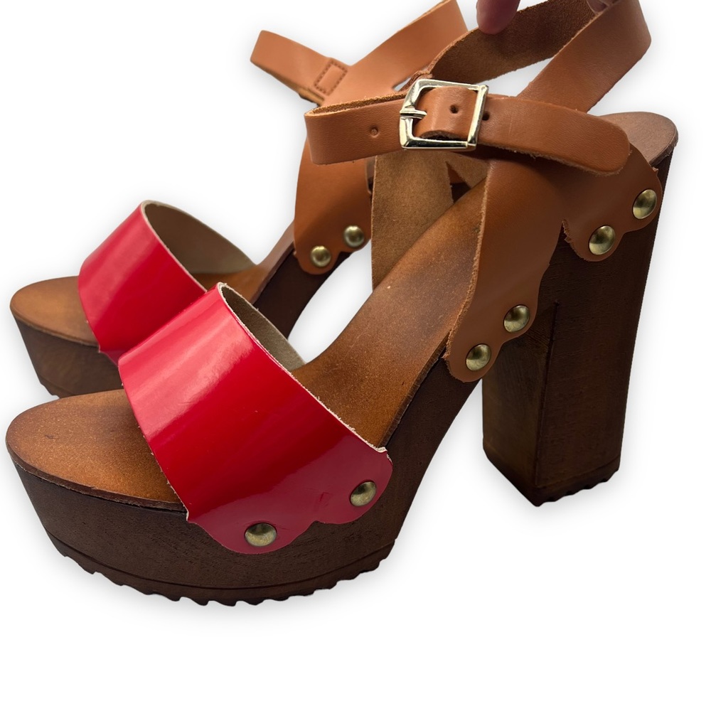 NEW Primadonna Collection Red/Brown Leather Wooden Clog Platforms Women Size 40